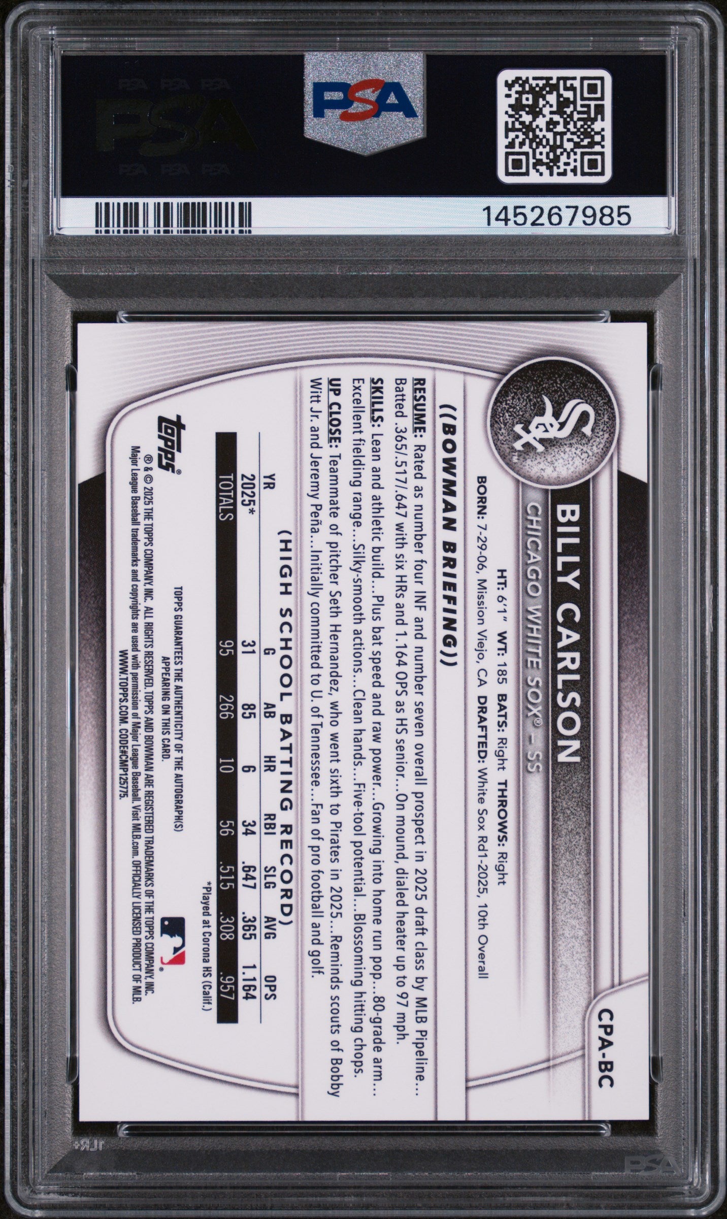 2025 Bowman Draft PSA 10 Billy Carlson Chrome Auto Green Refractor #/99