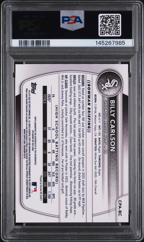 2025 Bowman Draft PSA 10 Billy Carlson Chrome Auto Green Refractor #/99