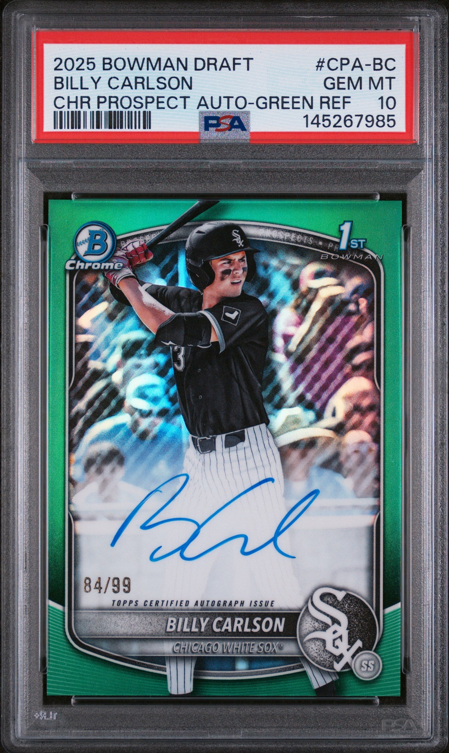 2025 Bowman Draft PSA 10 Billy Carlson Chrome Auto Green Refractor #/99